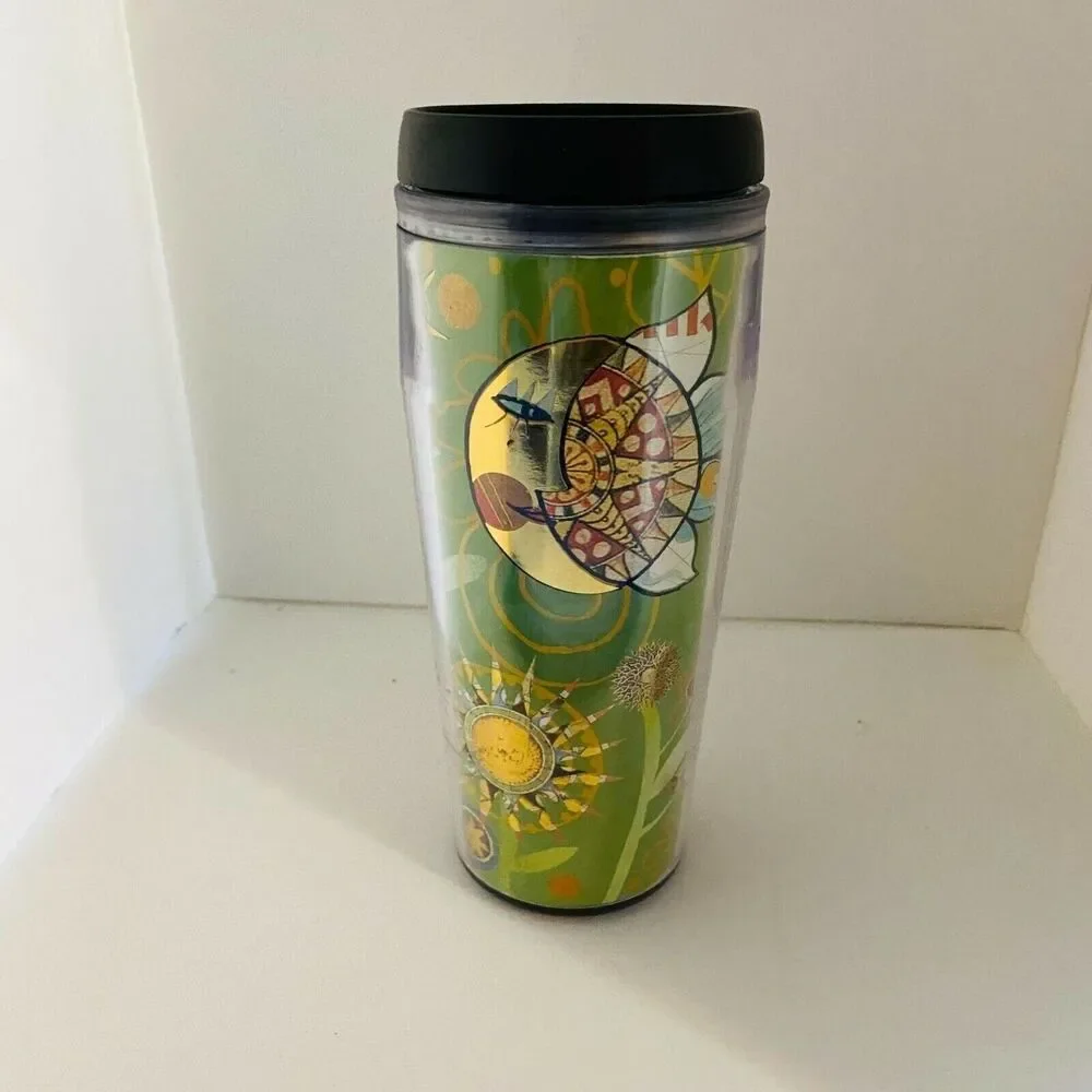 #3471 Starbucks Green Metallic Gold Sun Moon Star Hot Cold Cup Tumbler 16 oz wit